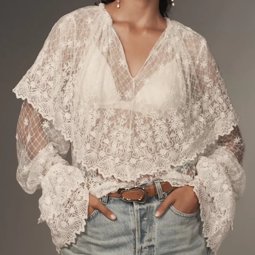 Anthropologie Sheer White Lace Blouse